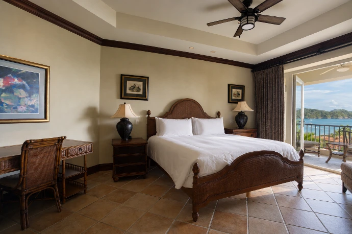 Primary bedroom at Marbella 6D featuring a private balcony with elevated views over Herradura Bay and the Pacific Ocean at Los Sueños Resort in Costa Rica.