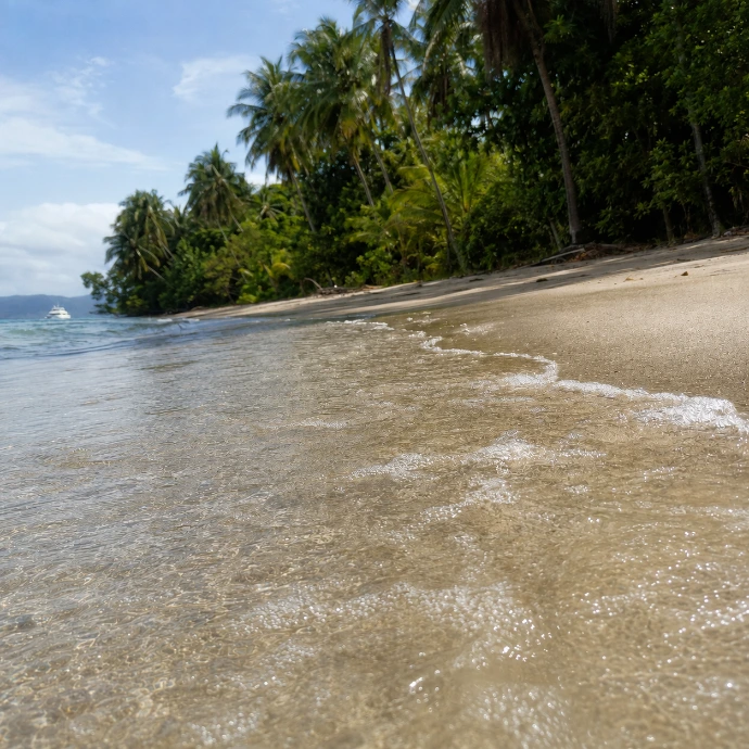 A close, water-level view of gentle Pacific waves reaching the white-sand shore of Tortuga Island, with tropical palms and a private yacht anchored offshore.