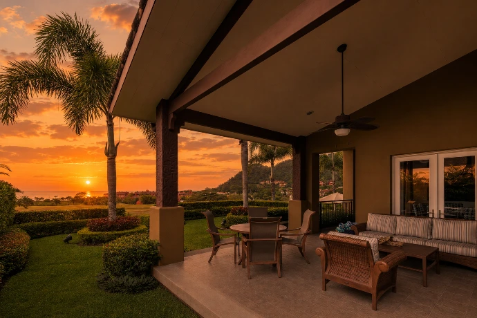 Covered outdoor terrace at Villa Tranquila overlooking tropical gardens, La Iguana Golf Course, and the Pacific Ocean at sunset in Los Sueños Resort, Costa Rica
