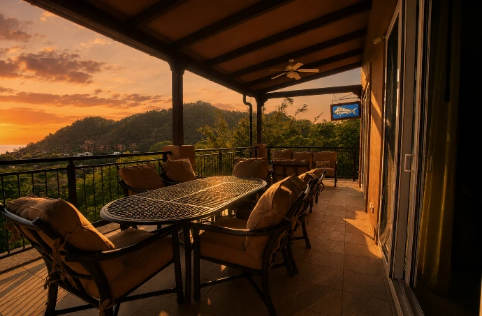 Covered terrace at Altavista 1A featuring elegant outdoor living, panoramic Pacific Ocean views, and warm golden-hour light at Los Sueños Resort, Costa Rica.
