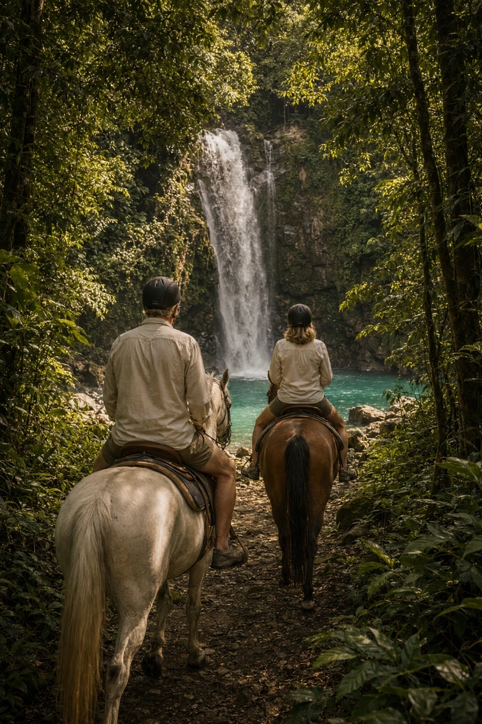 A couple rides horseback through the tropical rainforest toward a secluded waterfall and natural pool near Los Sueños, Costa Rica.