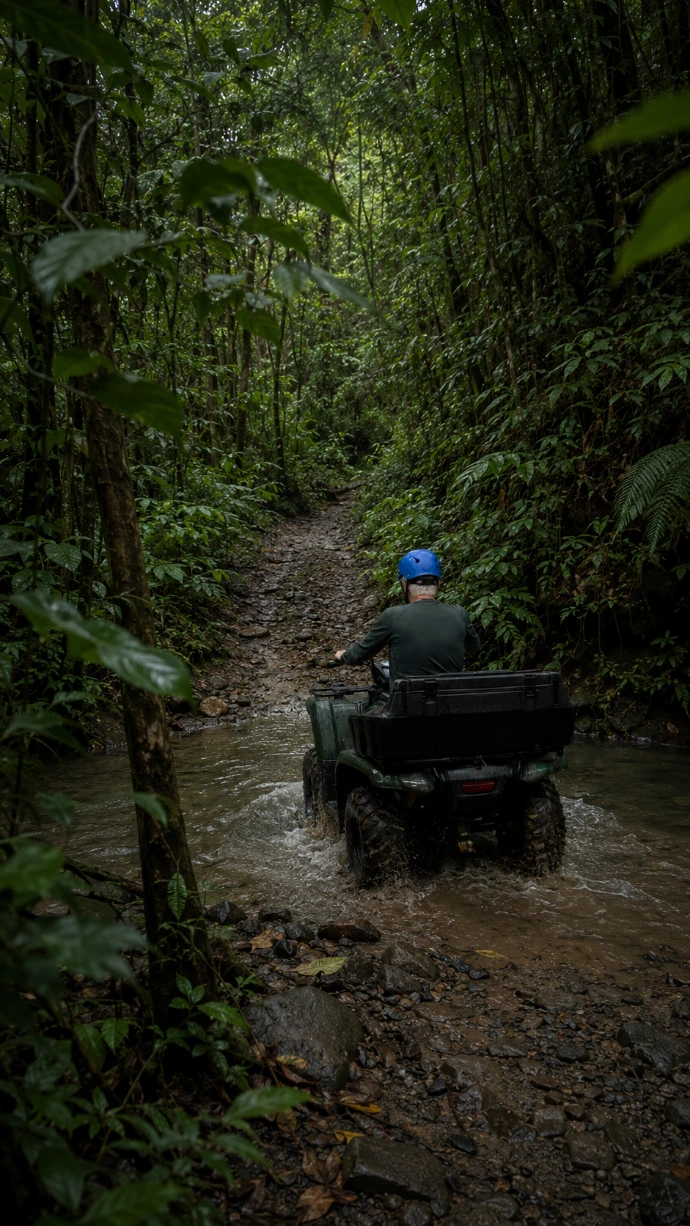 A guest rides an ATV through a shallow creek surrounded by dense tropical rainforest during a full-day adventure near Los Sueños, Costa Rica.