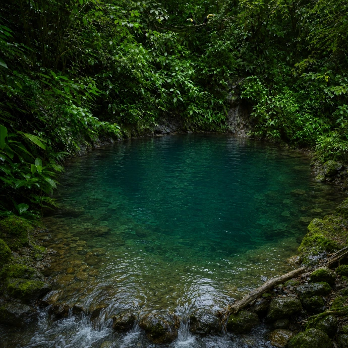 A deep natural swimming hole surrounded by tropical rainforest offers the perfect place to swim, unwind, and cool off near Los Sueños, Costa Rica.