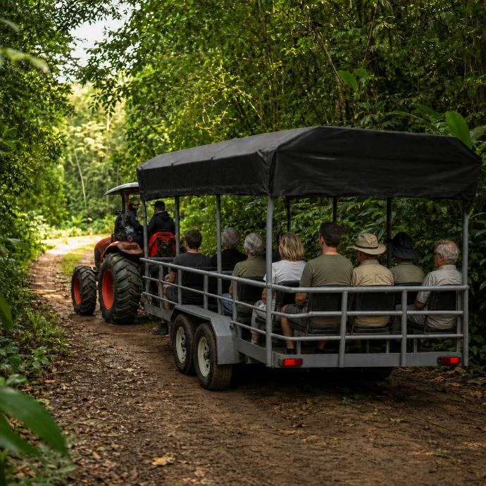 Guests of different generations enjoy a comfortable ride back through the rainforest after a full-day adventure near Los Sueños, Costa Rica.
