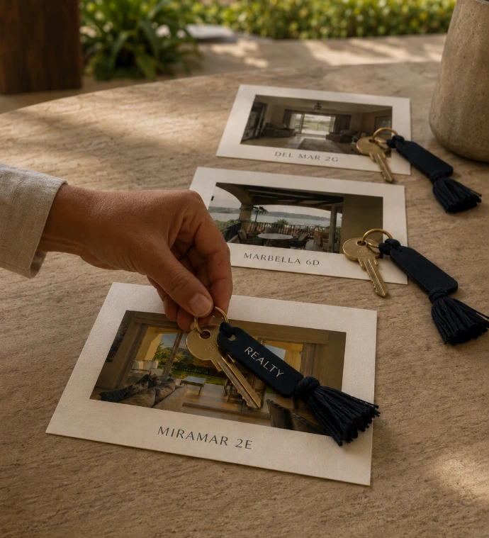 Personalized key collection for Marbella 6D and Realty luxury vacation rentals at Los Sueños Resort, Costa Rica.