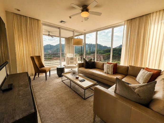 Warm contemporary living room at Montecielo 5A, framed by floor-to-ceiling windows and panoramic tropical views across Los Sueños Resort in Costa Rica.