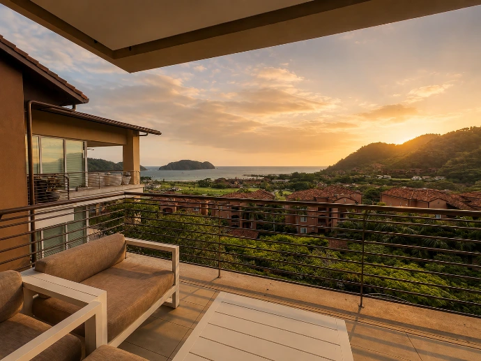 Furnished terrace at Montecielo 5A overlooking Herradura Bay, the Pacific Ocean, and the tropical landscape of Los Sueños at sunset in Costa Rica.