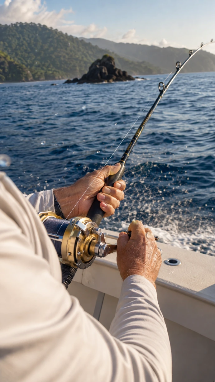 Angler working a reel during a private sportfishing charter off Los Sueños Marina on Costa Rica’s Central Pacific coast.
