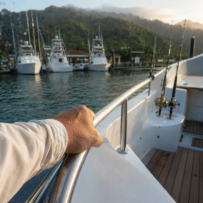 Mature guest holding the rail of a private sportfishing boat at Los Sueños Marina before an early-morning departure.