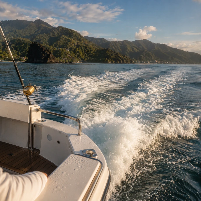 Wake of a private sportfishing boat leaving Herradura Bay, with Costa Rica’s rainforest-covered Central Pacific coast behind.