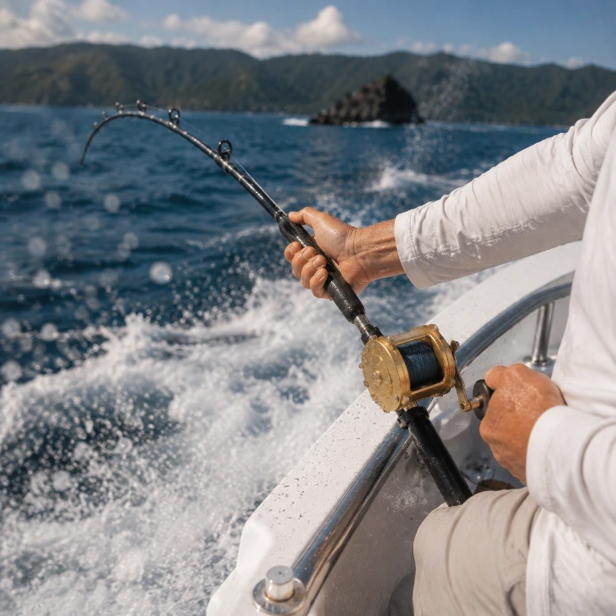 Angler working a bent rod during a private sportfishing charter off Los Sueños on Costa Rica’s Central Pacific.
