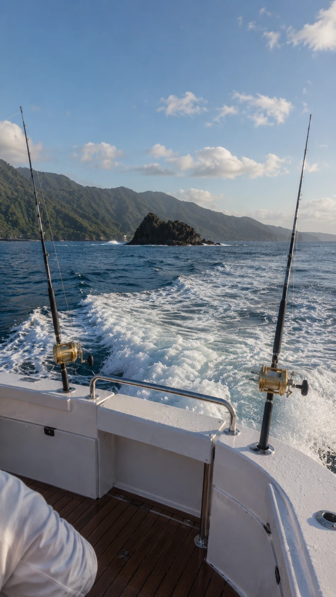 Trolling rods set from a private sportfishing boat off Los Sueños, framed by a rocky islet and Costa Rica’s Central Pacific coast.