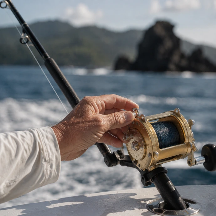 Mature angler adjusting a trolling reel during a private sportfishing charter off Los Sueños on Costa Rica’s Central Pacific.