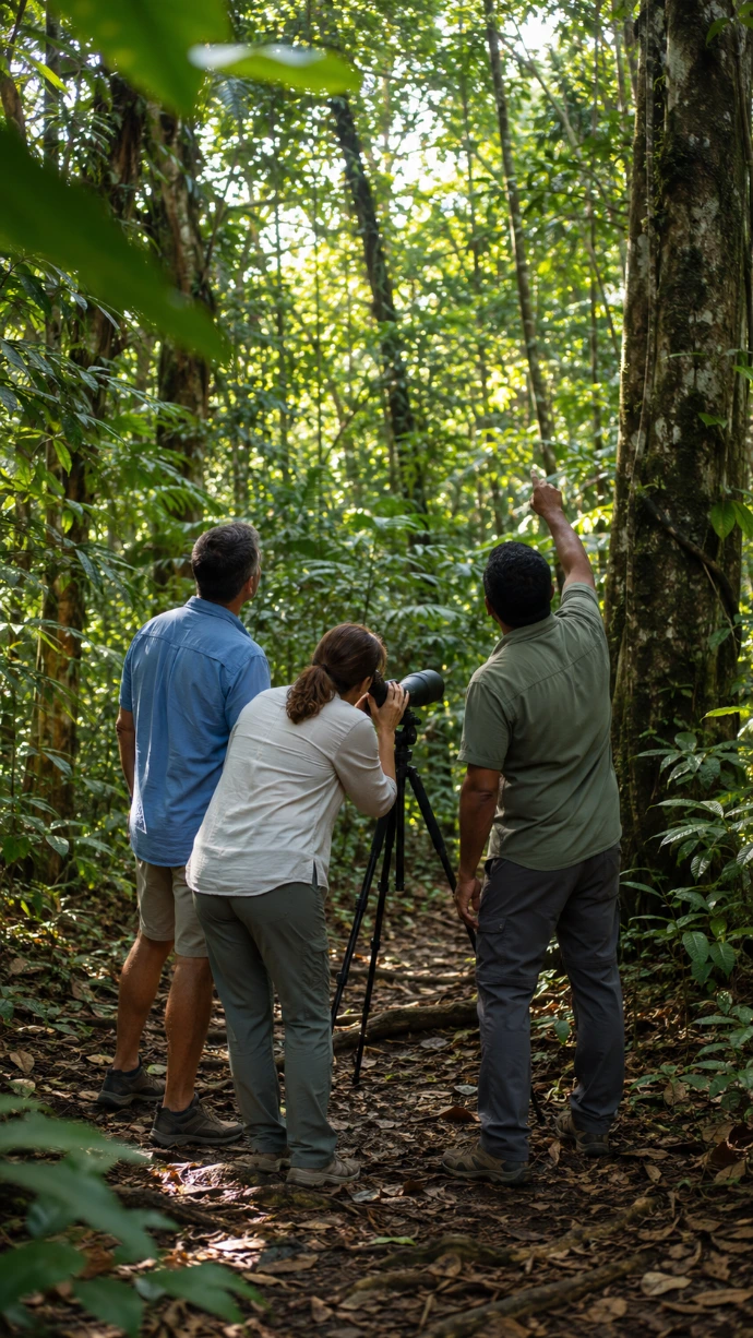 Una pareja utiliza un telescopio con un guía naturalista para observar la vida silvestre bajo el dosel del bosque lluvioso en el Parque Nacional Manuel Antonio, Costa Rica.
