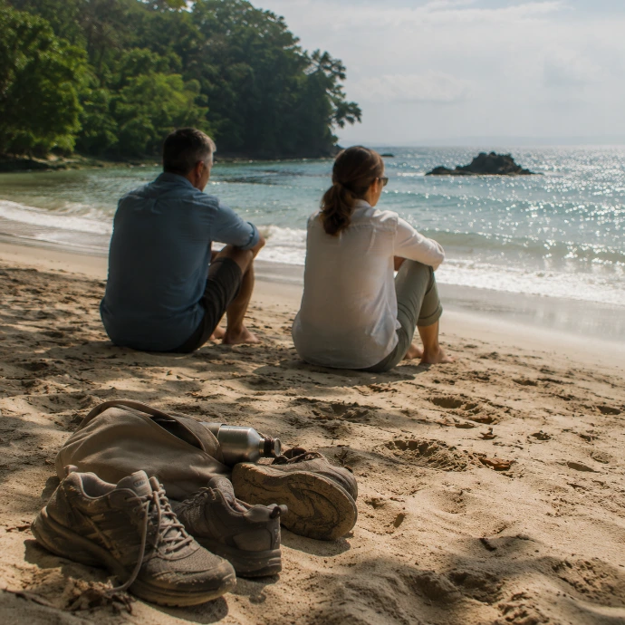 Una pareja se sienta descalza junto a sus zapatos de caminar, mirando hacia el Pacífico desde una playa aislada en el Parque Nacional Manuel Antonio, Costa Rica.