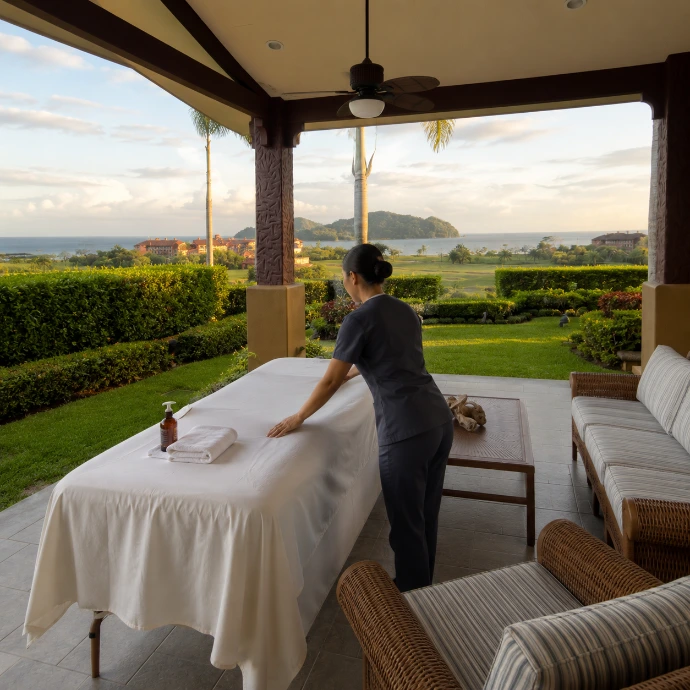 A professional therapist prepares a private massage table on the terrace of Villa Tranquila, overlooking the tropical gardens and Pacific Ocean at Los Sueños, Costa Rica.