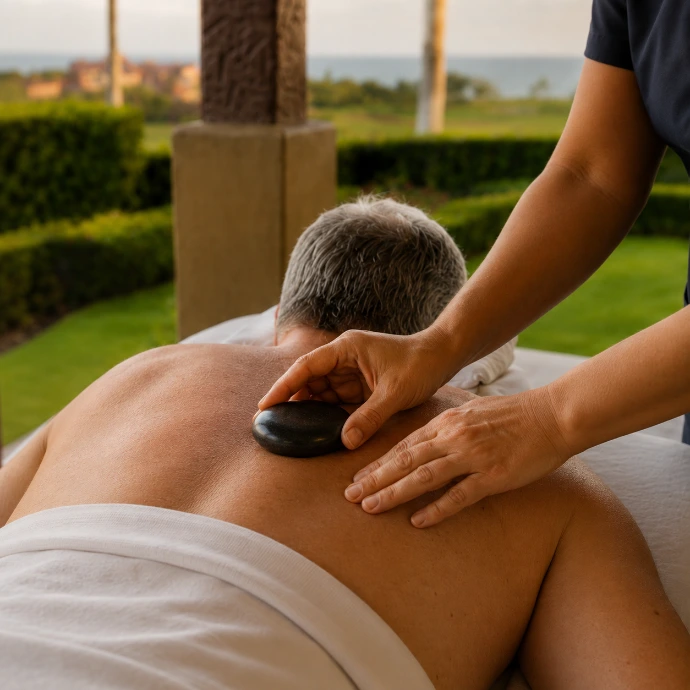 A professional therapist places a warm basalt stone during a private in-villa massage at Villa Tranquila, overlooking the tropical surroundings of Los Sueños, Costa Rica.
