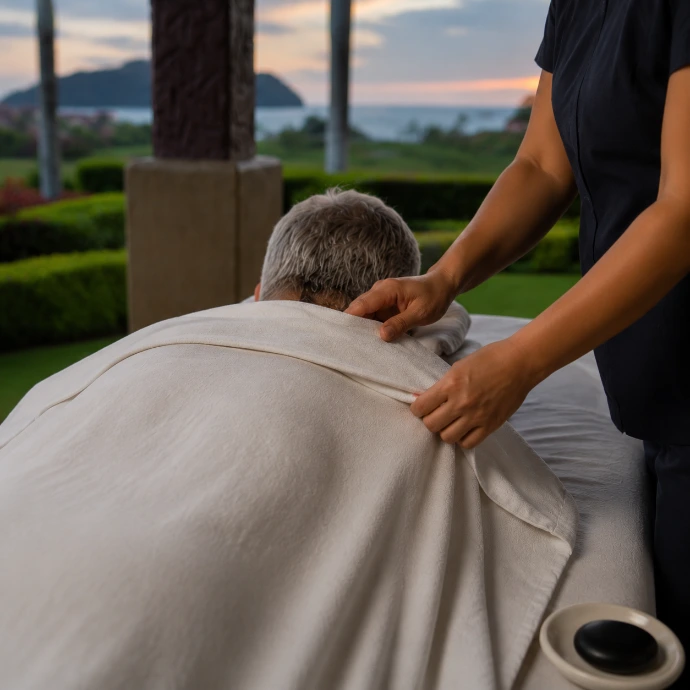 A private in-villa spa session concludes at blue hour on the terrace of Villa Tranquila, overlooking the tropical gardens and Pacific Ocean near Los Sueños, Costa Rica.