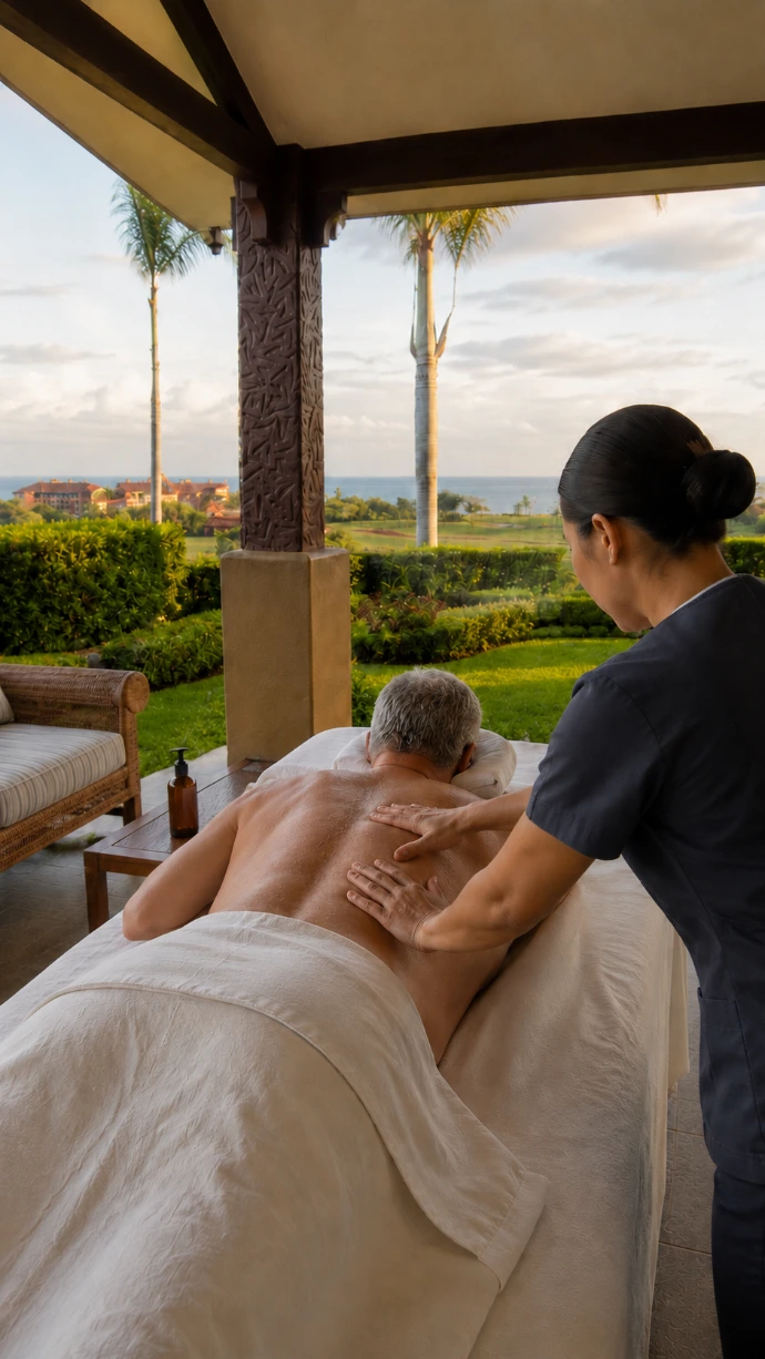 A private in-villa massage on the terrace of Villa Tranquila, overlooking the tropical gardens, Pacific Ocean and island views near Los Sueños, Costa Rica.