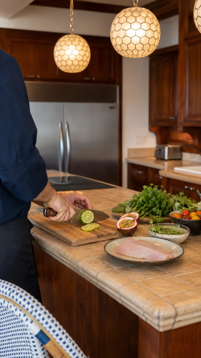 A private chef prepares fresh lime, sea bass and tropical ingredients for a personalized dinner in the kitchen of Villa Tranquila at Los Sueños Resort, Costa Rica