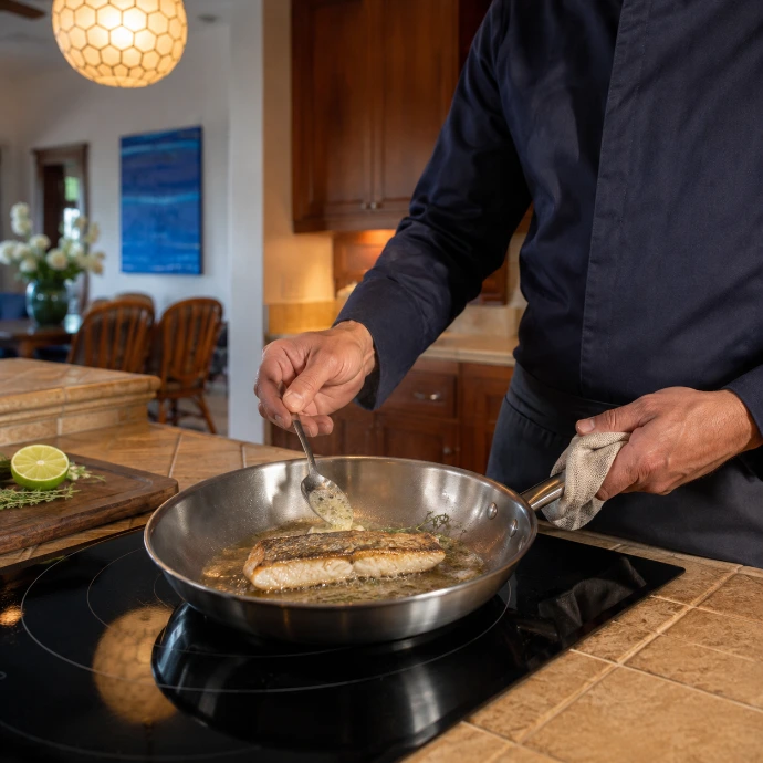 A private chef bastes fresh sea bass with herbs in the kitchen of Villa Tranquila at Los Sueños Resort, Costa Rica.