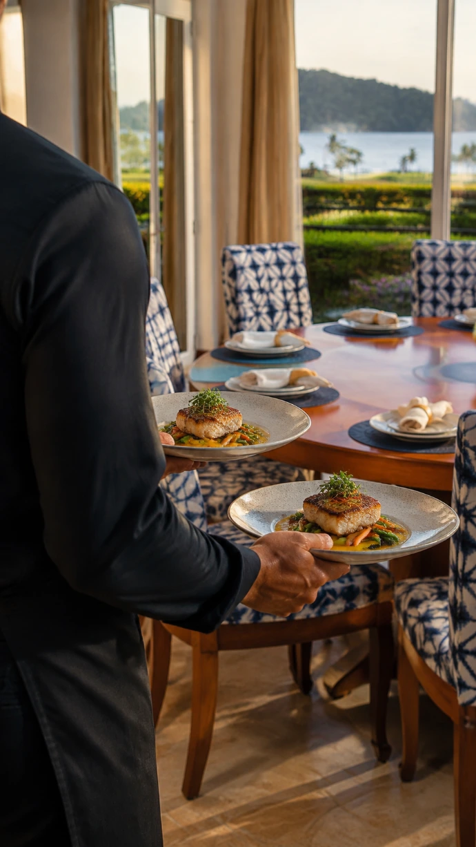 A private chef carries two freshly prepared seafood dishes to the dining table at Villa Tranquila, overlooking the tropical bay at Los Sueños Resort, Costa Rica.