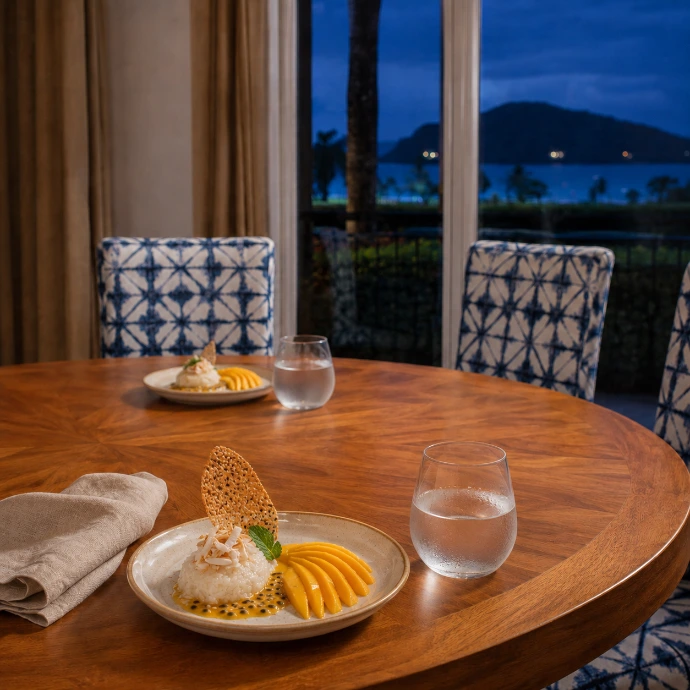 An elegant mango sticky rice dessert with coconut, passion fruit and fresh mango is served at Villa Tranquila during blue hour at Los Sueños Resort, Costa Rica.