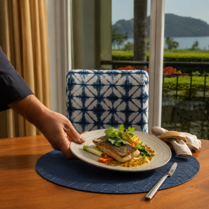 A private chef serves pan-seared sea bass with tropical vegetables at the dining table of Villa Tranquila, overlooking the bay at Los Sueños Resort, Costa Rica.