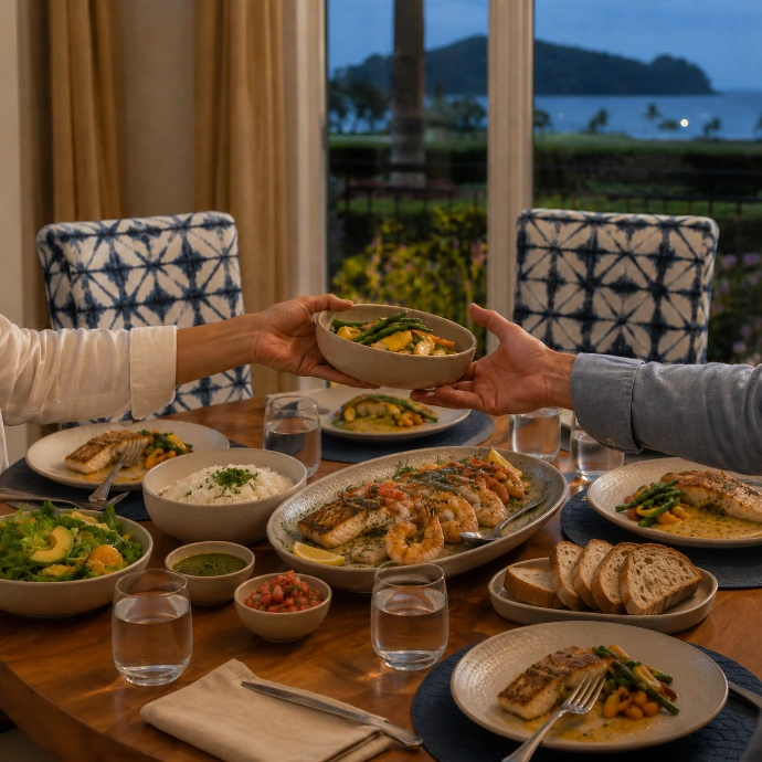 n elegant family-style seafood dinner with fresh fish, shrimp, rice, vegetables and artisan bread at Villa Tranquila in Los Sueños Resort, Costa Rica.