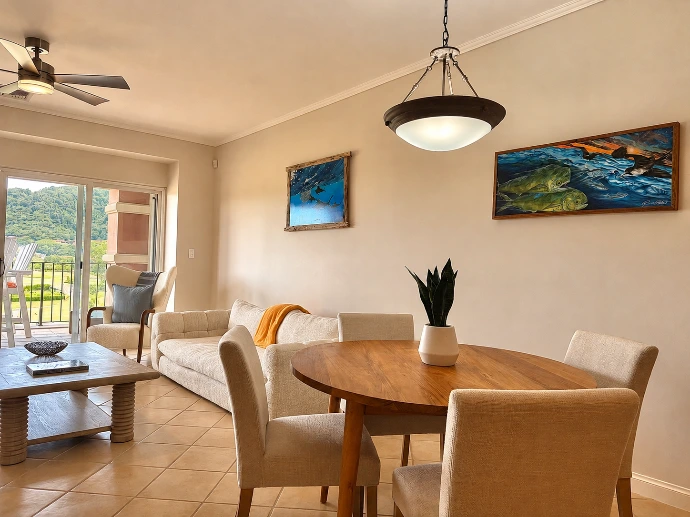 Dining and living area opening to the balcony at Del Mar 4D in Los Sueños Resort.