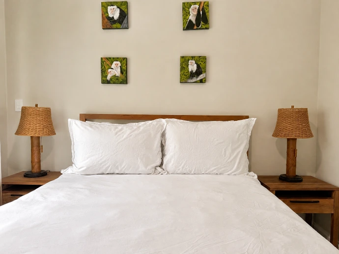 Guest bedroom with a wooden bed, white bedding, capuchin monkey artwork, and a large curtained window at Del Mar 4D in Los Sueños Resort.