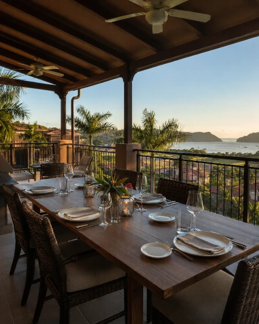 Mesa de cena preparada en la terraza de Altavista 1A con vista a Los Sueños y la Bahía de Herradura