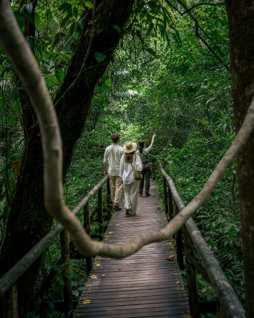 Huéspedes cruzando un puente colgante durante un tour privado guiado en el Parque Nacional Manuel Antonio