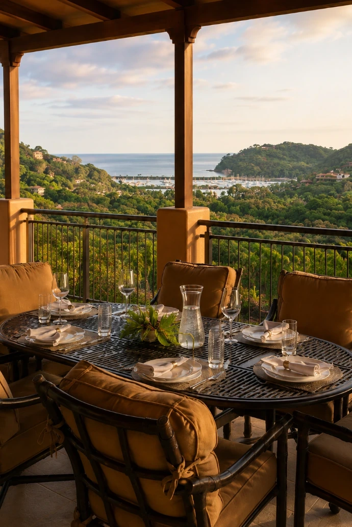Private dining terrace at a luxury vacation villa overlooking Los Sueños Resort and Marina in Costa Rica.
