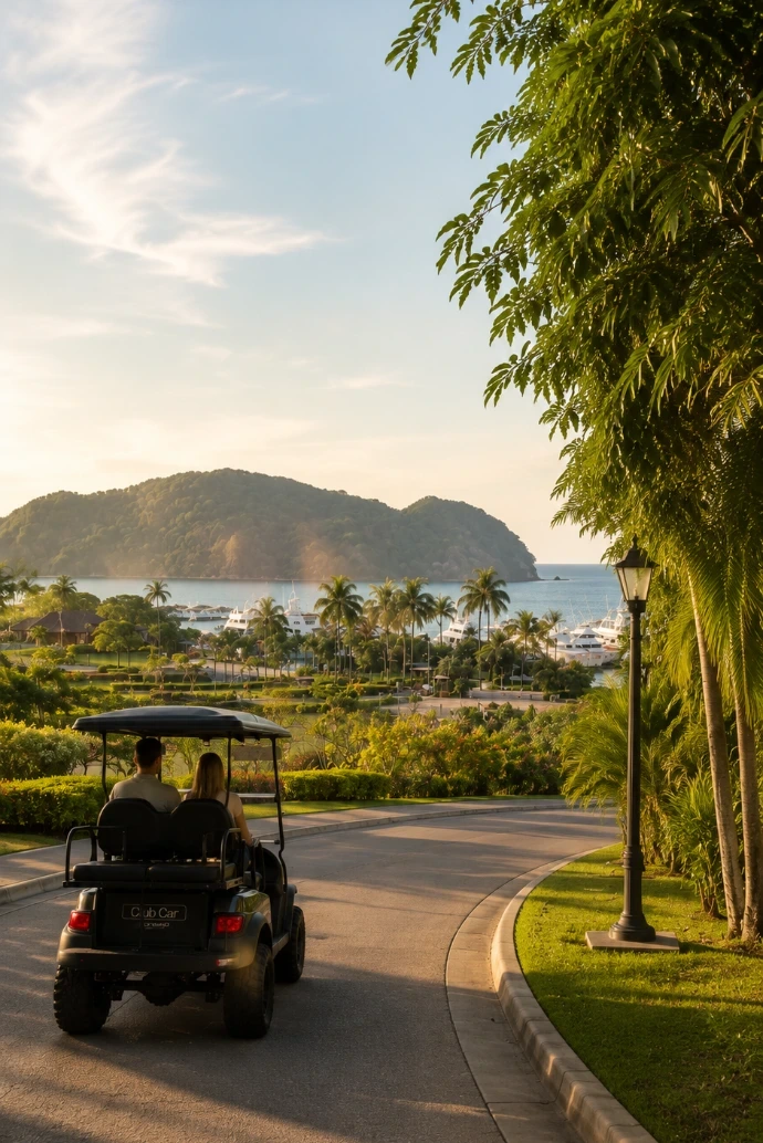 Golf cart traveling through Los Sueños Resort with tropical landscaping and marina views in Costa Rica.